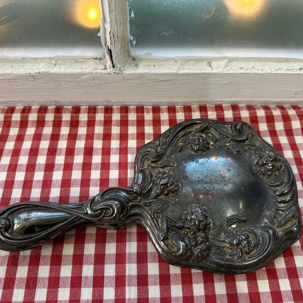 Art Nouveau Hand Mirror Tin and Silverplate Beveled Edge Round Glass Paddle Distressed Shabby Patina Vanity Boudoir Functional Silver Decor