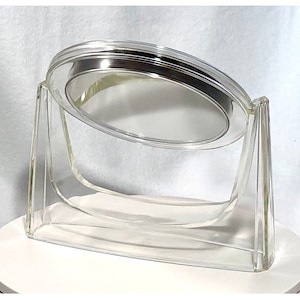 Lucite Table Vanity Mirror Double Sided Swivel Magnifying Midcentury Clear Plastic
