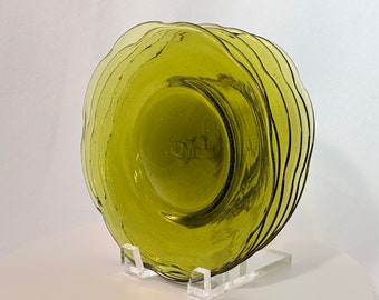 Six Rustic Hand Blown Flower Petal Plates Recycled Bottle Green Glass with Pontils Mexico