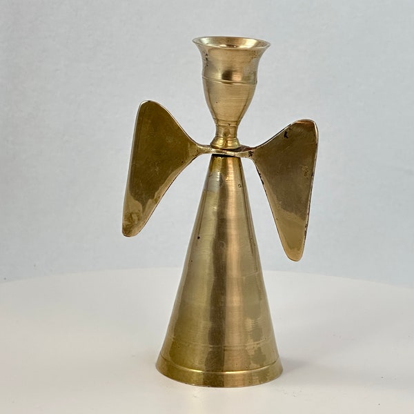 Vintage Brass Candle Angel Christmas Decor MCM Stylized Holiday Figurine Propeller Wings