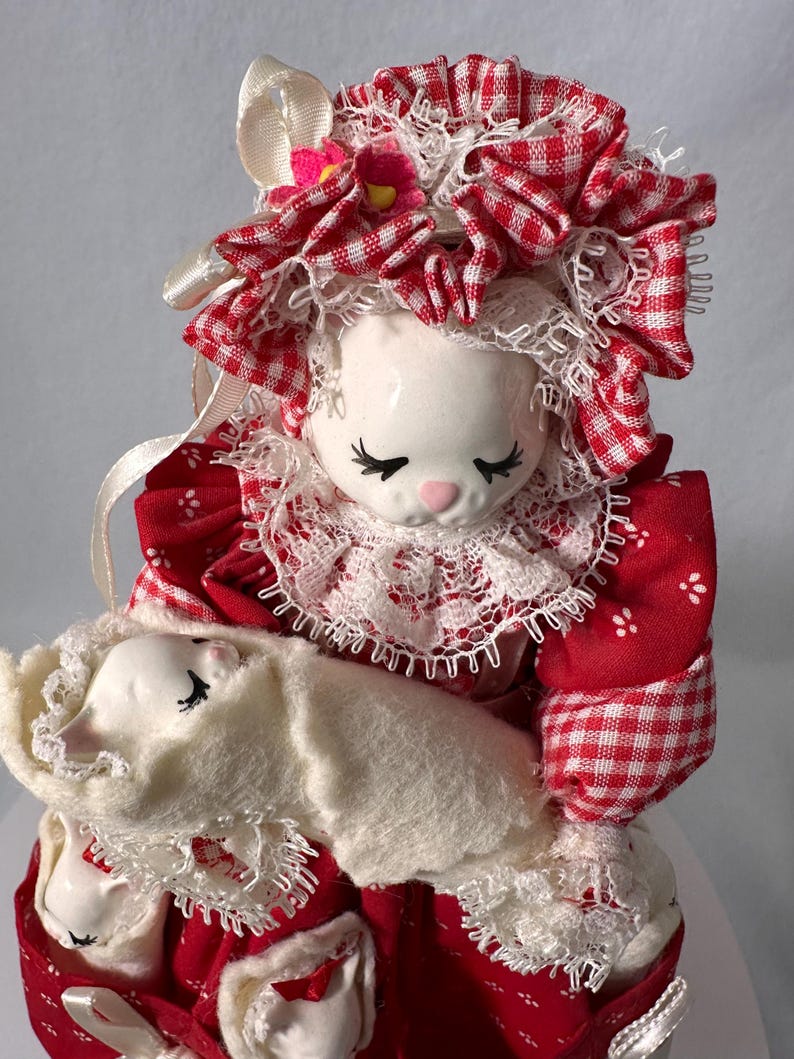 Mama Cat and Kittens - Vintage Porcelain Animal Art Doll, Prairie Dress ...