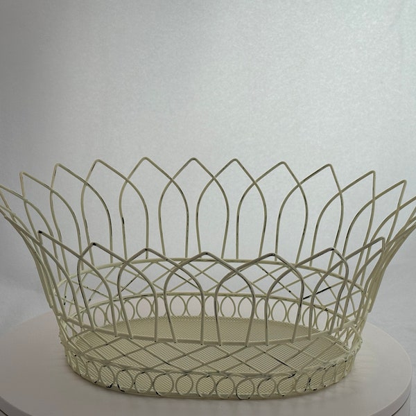Vintage French Wire Metal Basket Ivory Enamel Shabby Chic Medium Vintage Midcentury Decor