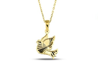 14K Solid Gold Dove of Peace Pendant | Real Gold Bird Necklace | Symbolic Peace Jewelry | Elegant Gold Charm | Gift for Her