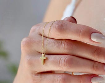 14K Solid Gold Small Cross Necklace | Protection Necklace for Women | Tiny Cross Necklace | 14K Real Gold Christian Jewelry | Baptism Gift