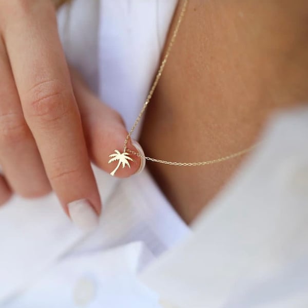 14k Solid Gold Palm Tree Halskette, zierliche Kette, minimal Halskette, Palme Anhänger, Palme Charme, einzigartiges Geschenk für sie