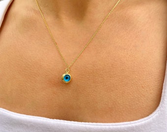 14k Solid Gold Evil Eye Necklace | 14K Gold Evil Eye Charm Necklace | Evil Eye Jewelry