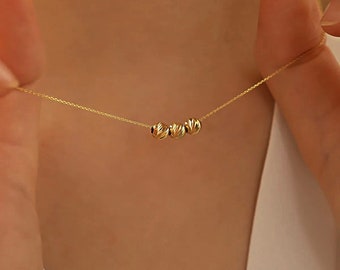 14 Carat Gold Beaded Station Necklace - Beaded Ball Necklace - Round Beaded Necklace - Women&#39;s Real Gold Station Necklace - Dorica necklace