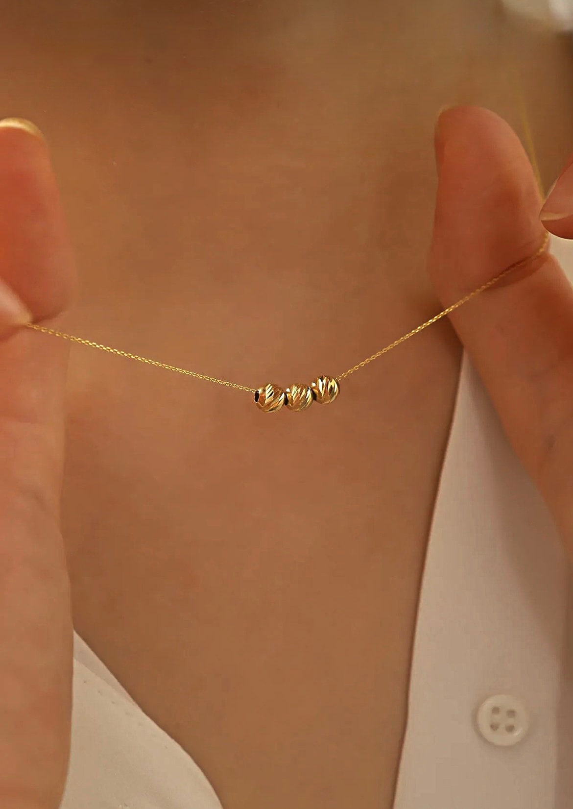 14 Carat Gold Beaded Station Necklace - Beaded Ball Necklace