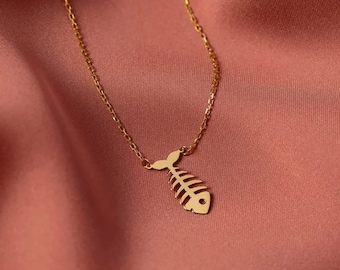 14 Carat Gold Fish Necklace, Gold Fishbone Necklace, Elegant Necklace, Minimalist Jewelry, Valentine&#39;s Day Gift, Christmas Gift