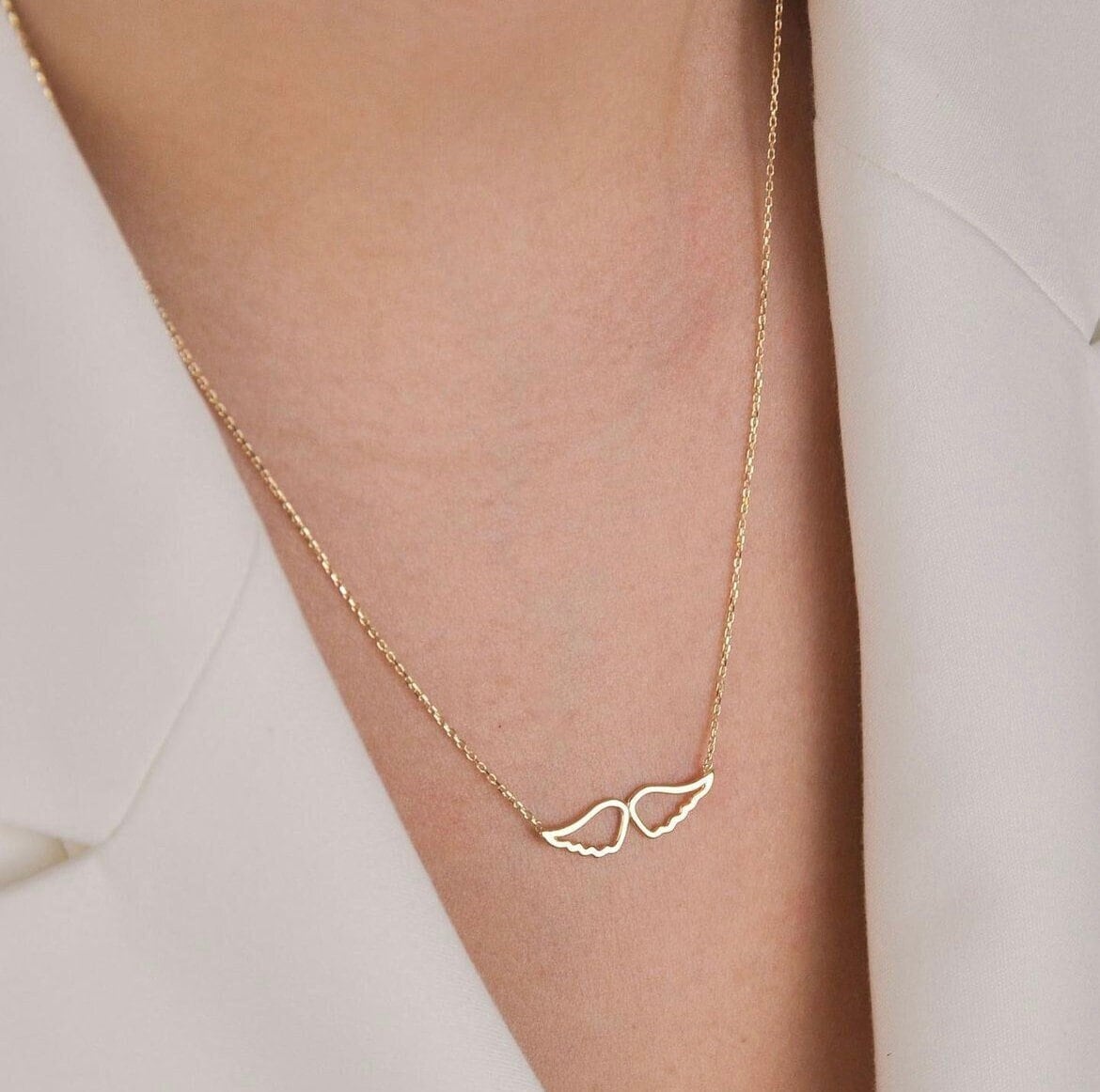14K Gold Angel Wing Necklace, Fairy Wings, Small Gold Wings, Guardian Angel, Double Wing Charm, Mother's Day Gift, Valentine's Day