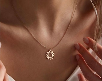 14K Gold Sun Necklace • Gold Sun Necklace • Valentine&#39;s Day Gift for Women