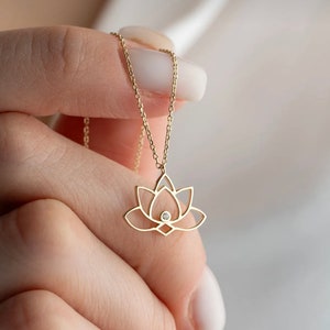 14K Solid Gold Lotus Blume Halskette, Yoga Meditation Symbol Schmuck, Blumen Halskette, Valentinstag Geschenk Muttertag Geschenk
