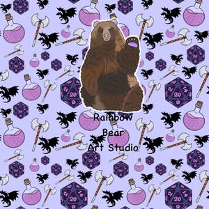 May include: A repeating pattern on a light purple background features a brown bear with a rainbow headband, purple potion bottles, axes, dice, and black dragon silhouettes. The bear is waving. Text reads "Rainbow Bear Art Studio."