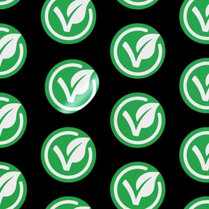 May include: A repeating pattern of green circles with a white checkmark and leaf design on a black background.