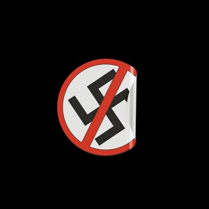 May include: A red circle with a diagonal red line through a black swastika. The symbol is a no symbol, indicating that the swastika is prohibited.
