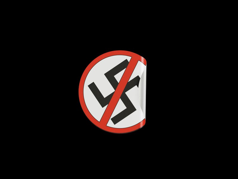May include: A red circle with a diagonal red line through a black swastika. The symbol is a no symbol, indicating that the swastika is prohibited.