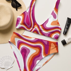 Lesbischer Bikini mit hoher Taille | Lesbischer Flaggen-Bikini | Lesben Swirl Pride Bikini Set | Pride Parade Bikini | Pride Zweiteiler