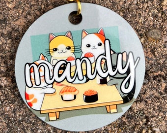 Personalized Name Sushi Cats Keychain, Unique and Custom Keychain, Bag Charm, Kawaii Keychain, Cute Keychain, Cats Eating Sushi, Kitties