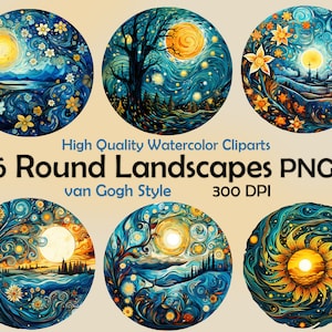 Paisaje de acuarela Clipart van Gogh estilo de pintura PNG Puesta de sol naturaleza arte digital Uso comercial FloresIlustración Resumen Noches estrelladas