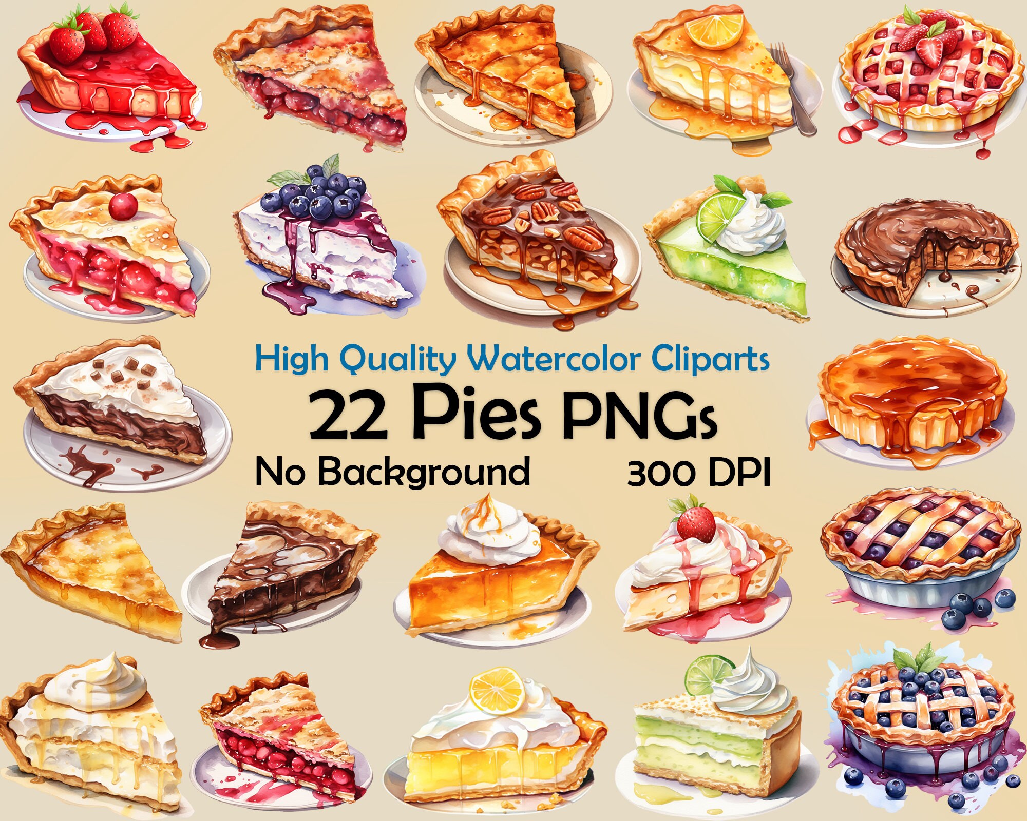 Watercolor Pies Clipart Dessert PNG Pumpkin Lemon Blueberry Strawberry