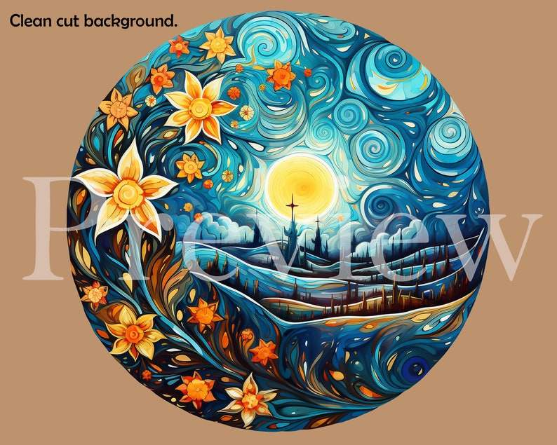 Watercolor Landscape Clipart Van Gogh Painting Style PNG Sunset Nature