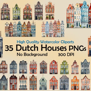 Acuarela Casas Holandesas Clipart Amsterdam Edificios Coloridos PNG Arte Digital Descargar Fachadas Arco Iris Ilustración Uso Comercial Elaboración
