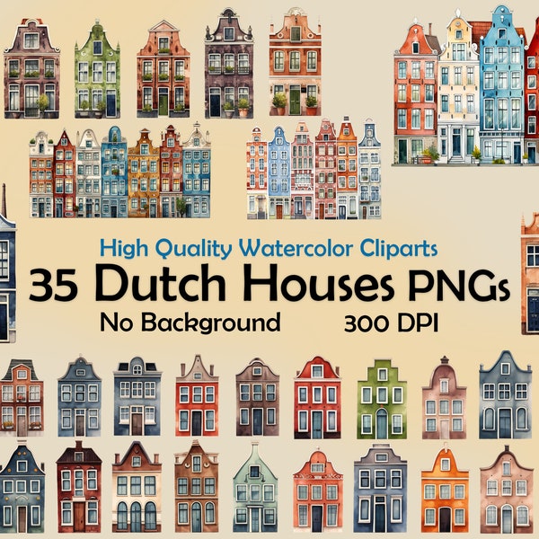 Watercolor Dutch Houses Clipart Amsterdam Colorful Buildings PNG Digital Art Download Rainbow Facades Illustration Commercial Use Crafting