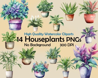 Clipart de plantas de interior en acuarela: Conjunto de plantas en maceta PNG (Descarga digital)