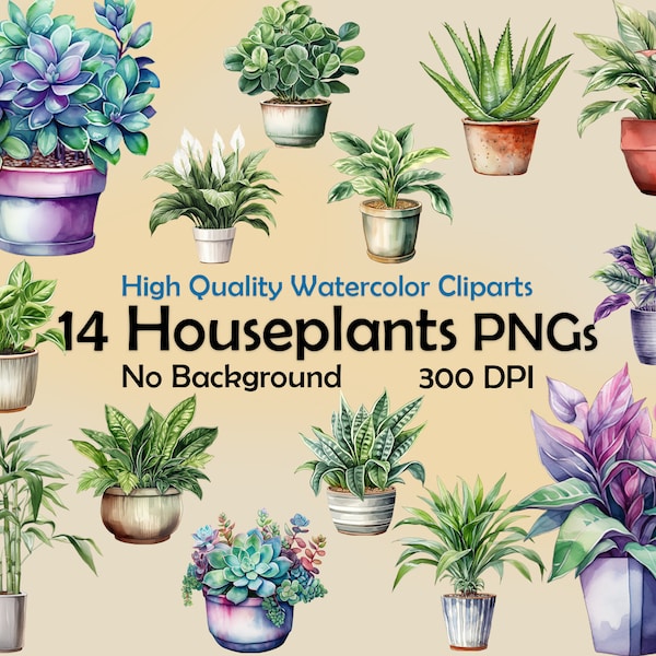 Watercolor Houseplants in pot Clipart Beautiful plants png Wall digital art Commercial Use Scrapbook Junk Journal Crafts Nature illustration