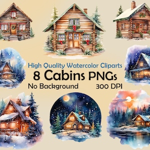 Aquarel houten hut clipart Kerstmis versierd huis PNG afdrukbare digitale kunst Winter huis illustratie feestelijk decor boshuisje