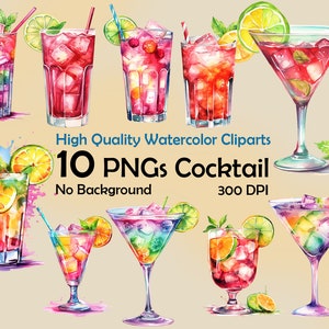 Aquarelle Cocktails Clipart été coloré boissons alcoolisées png Art numérique Utilisation commerciale Illustration Cricut Menu Design Scrapbooking