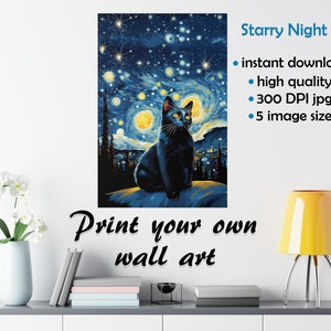 Schwarze Katze Poster: Van Gogh Sternenklare Nacht Stil (Digitaler Download)