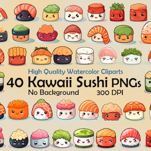 40 Wakaii Sushi Clipart comida japonesa linda PNG Tempura Nigiri Arte digital Sashimi Ilustración Maki Uso comercial Imprimible Diseño de menú Diy