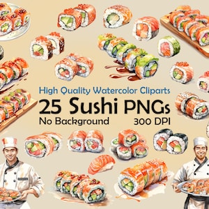 Watercolor Sushi Clipart: Japanese Food PNGs (Digital Download)