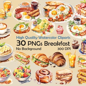 Aquarel ontbijt clipart PNG bundel digitale kunst voor commercieel gebruik bakkerij sandwich pannenkoek croissant wafel illustratie menu ontwerp PNG