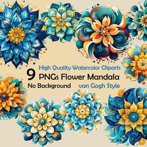 Acquerello floreale Mandala Clipart Fiore PNG Van Gogh Mandala Notte stellata Clipart Fiori astratti per Scrapbooking/Adesivi/Journaling