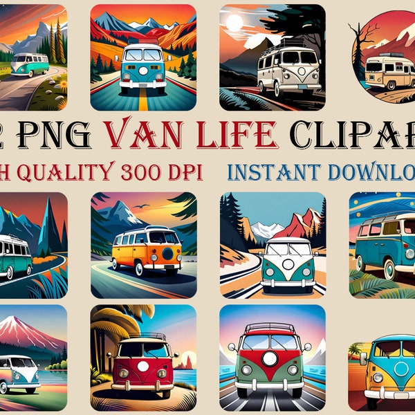 Van Life PNG Bundle, téléchargement de cliparts Van Life, usage Commercial RV camping clipart pour autocollants et propres impressions, Illustration aquarelle van RV