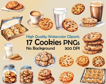 Watercolor Chocolate chip Cookies Clipart Tasty Desserts PNG Instant Download Bakery Art Commercial Use Sweets Illustration sticker crafting