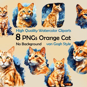 Pacote de clipart de gato aquarela, gato laranja PNG, gatinho aquarela PNG, download digital de gato, clipart de gato Van Gogh estilo noite estrelada clipart