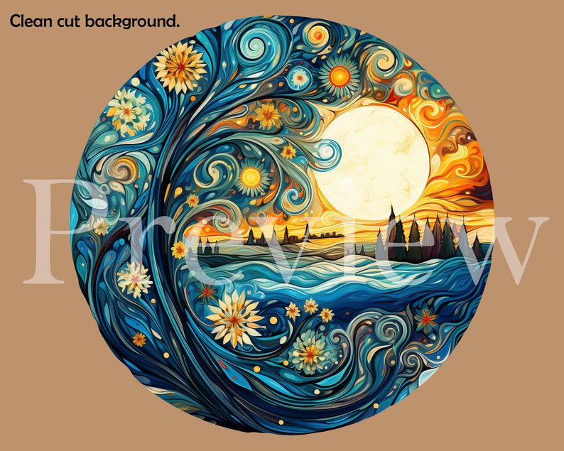 Watercolor Landscape Clipart Van Gogh Painting Style PNG Sunset Nature