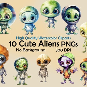 Watercolor Cute Alien Clipart ufo PNG funny aliens Digital Art Illustration Commercial Use fiction Scrapbooking extraterrestrials