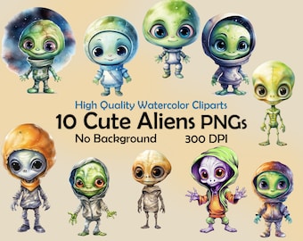 Acuarela lindo alienígena Clipart ovni PNG extraterrestres divertidos Ilustración de arte digital Uso comercial ficción Scrapbooking extraterrestres
