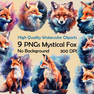Renard mystique Clipart Fantasy illustration aquarelle animal des bois png mignon art imprimable numérique céleste céleste, bundle usage commercial magique