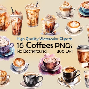 Aquarela Café Clipart Cappuccino PNG Café gelado Arte digital Café Ilustração Latte Bebidas Uso comercial Design de menu DIY para impressão