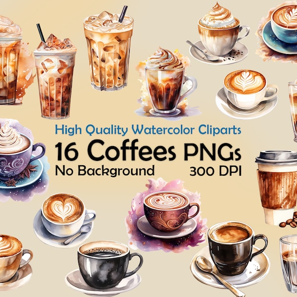 Watercolor Coffee Clipart Cappuccino PNG Ice coffee Digital Art Cafe Illustration Latte Drinks Commercial Use Printable Diy Menu Design