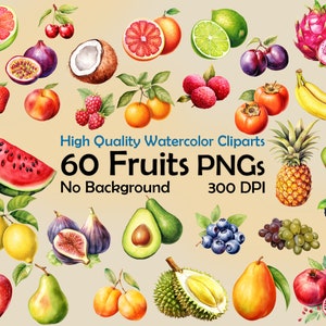 May include: A collection of 60 watercolor illustrations of various fruits, including watermelon, pineapple, dragon fruit, avocado, grapes, and pomegranate. The fruits are depicted in a realistic style with vibrant colors and intricate details. The images are perfect for use in digital or printed projects.