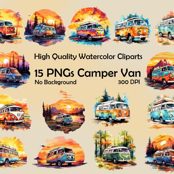 Van Life PNG Bundle Van Life Clipart Sunset Descargar uso comercial Camper Clipart para pegatinas e impresiones propias Acuarela Van Ilustración