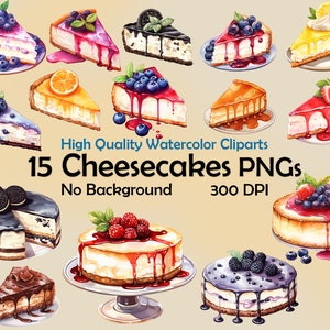 Acuarela Cheesecake Clipart Pastel PNG Arte Digital Dulces Frutales Ilustración Postres de Chocolate Uso Comercial Decoración Imprimible Diy