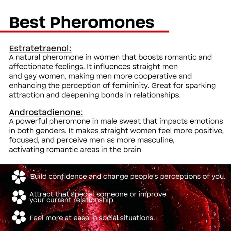 Op de afbeelding: Een rode en witte afbeelding met de tekst "Best Pheromones" in vetgedrukte rode letters. De afbeelding somt twee feromonen op, Estratetraenol en Androstadienone, en beschrijft hun effecten. De afbeelding bevat ook drie opsommingspunten met de voordelen van het gebruik van feromonen: zelfvertrouwen opbouwen, een speciale persoon aantrekken en je meer op je gemak voelen in sociale situaties.