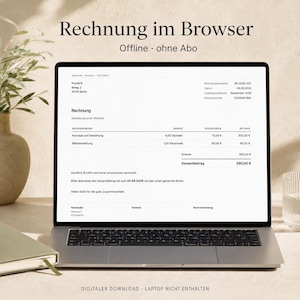Könnte beinhalten: Ein Laptop-Bildschirm zeigt eine digitale Rechnung mit der Überschrift Rechnung im Browser und dem Text Offline · ohne Abo. Das Dokument listet Leistungen wie Konzept und Gestaltung sowie Bildbearbeitung mit Preisen in Euro auf, insgesamt 390,00 €.
